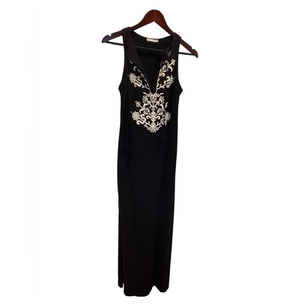 Dress To Black Embroidered Maxi Dress XS PP Boho Sleeveless Slit Brazil
